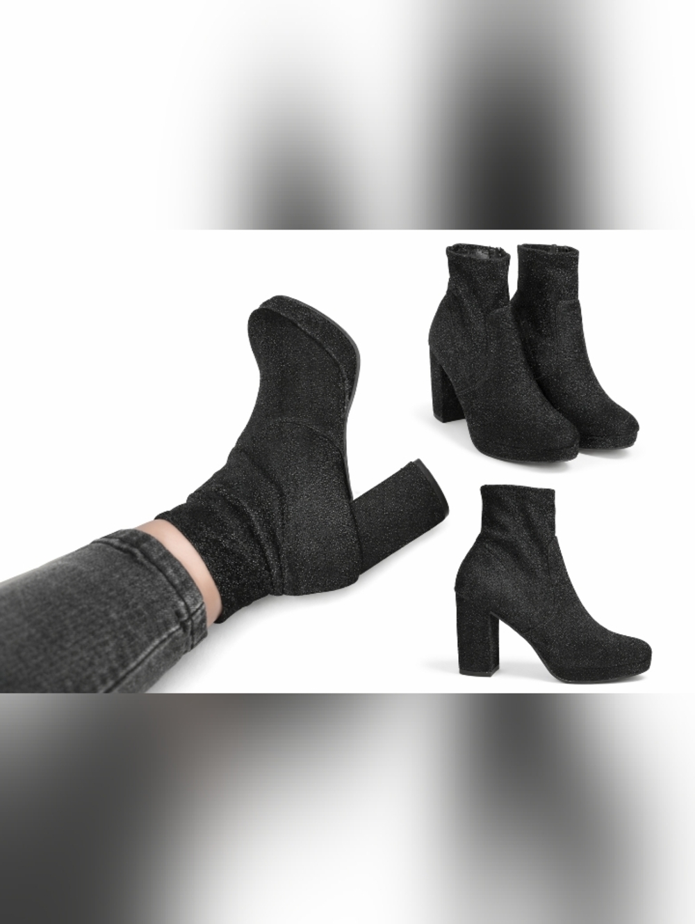 Black Sparkle Stretch Sock Ankle Boots - Women